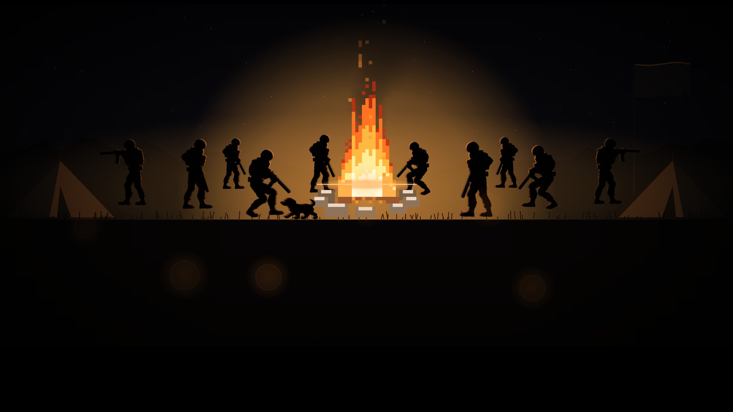 Marines in silhouette around a campfire at night, with a dog and two tents